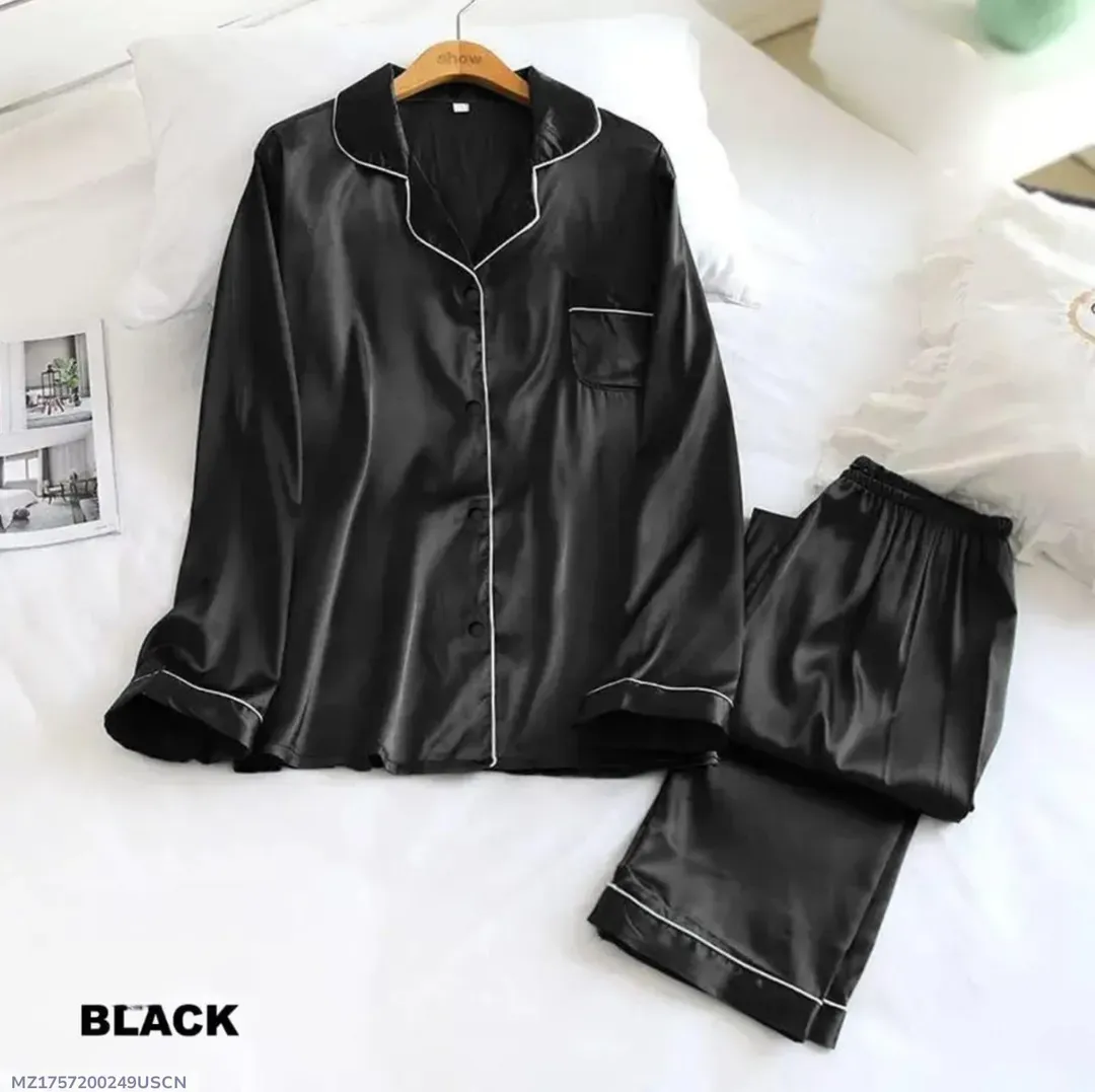 Black Silk 3PC Night Suit with Piping Work