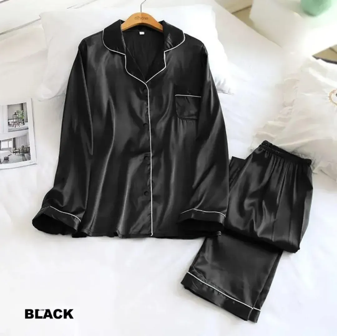 Black Silk 3PC Night Suit with Piping Work