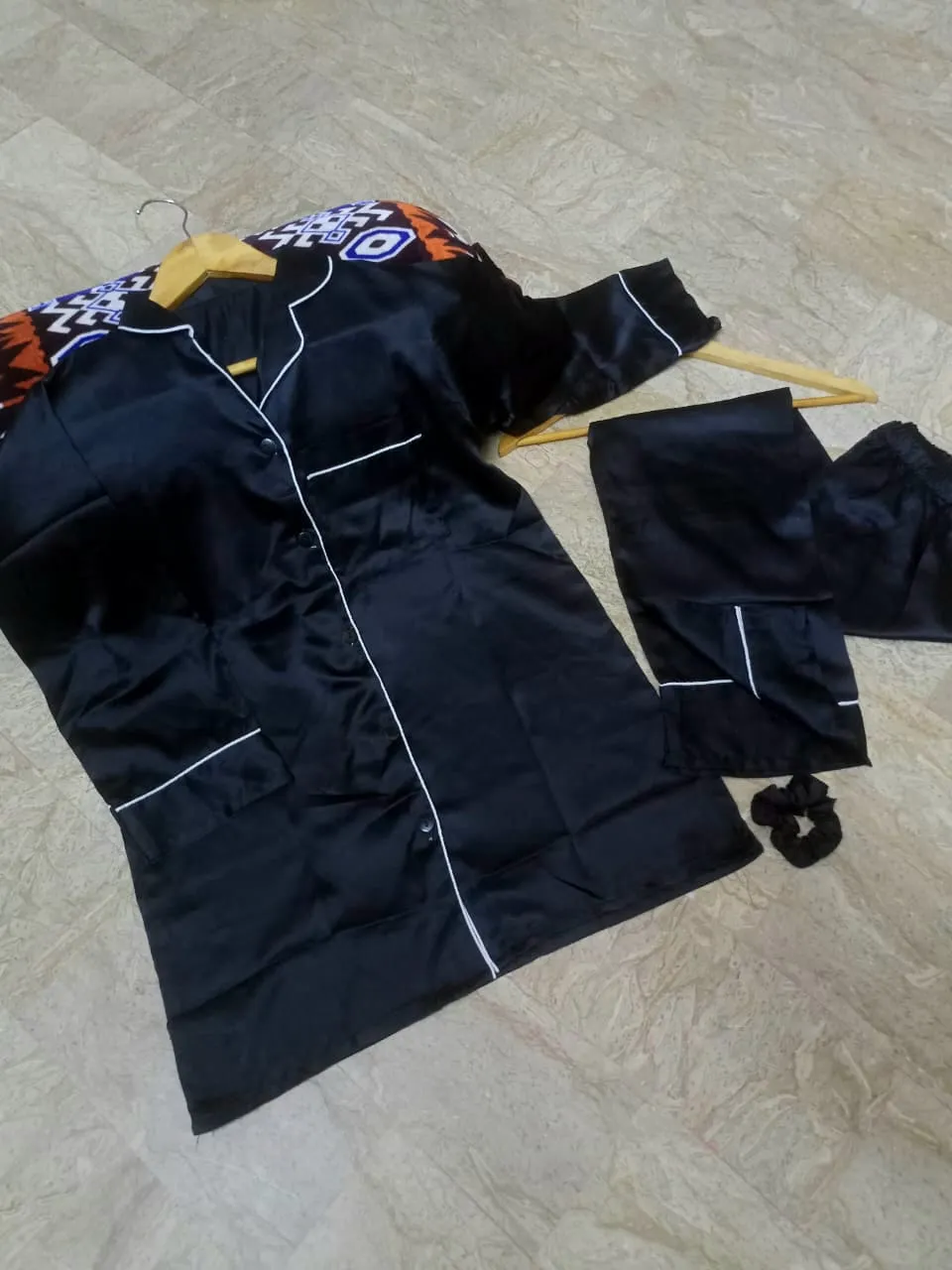 Black Silk 3PC Night Suit with Piping Work