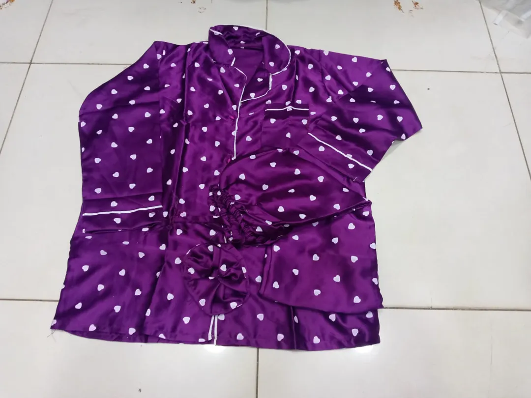 Heart Print Piping work on Shirt and Trouser Night Suit 3PCs (With scrunch)