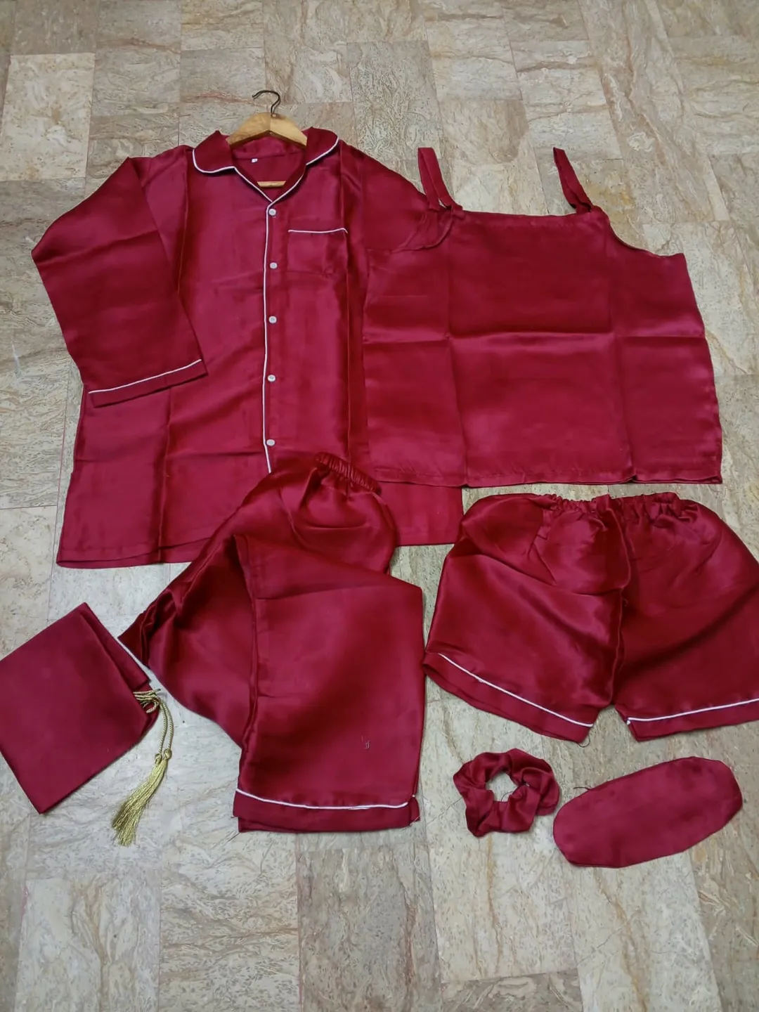7 Pcs Women's Stitched Silk Piping Night suit