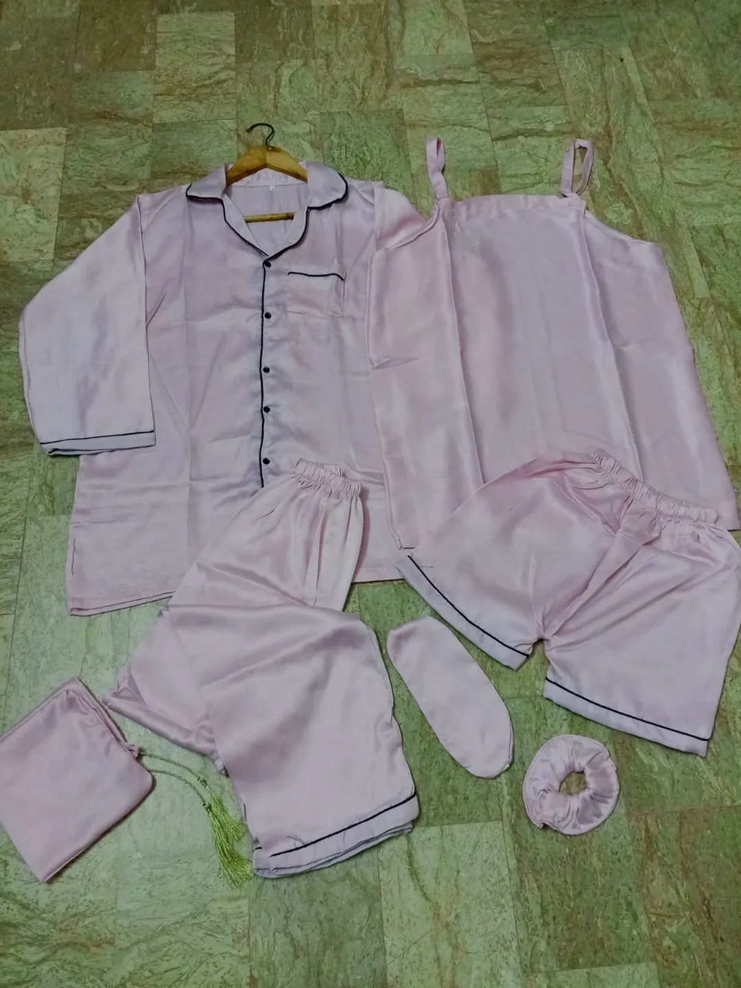 7 Pcs Women's Stitched Silk Piping Night suit