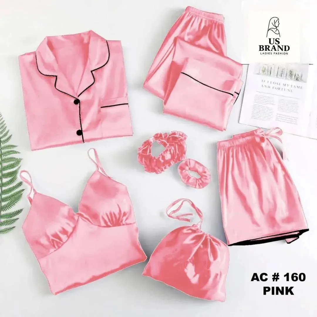 7 Pcs Women's StitchedNight suits Piping WorkOn Shirt Trouser ShortWith Seven Pieces NightwearSet