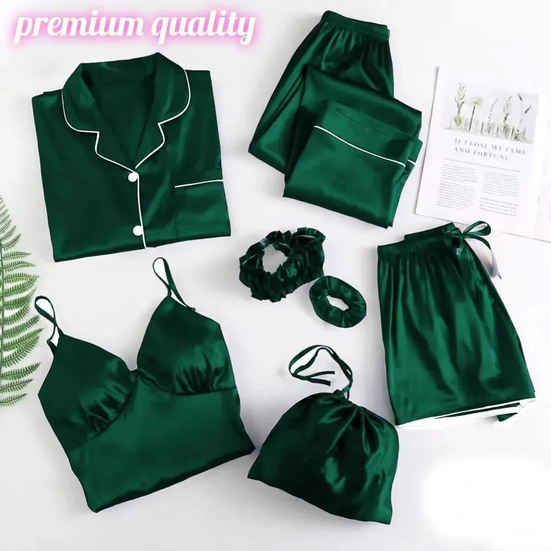 7 Pcs Women's StitchedNight suits Piping WorkOn Shirt Trouser ShortWith Seven Pieces NightwearSet