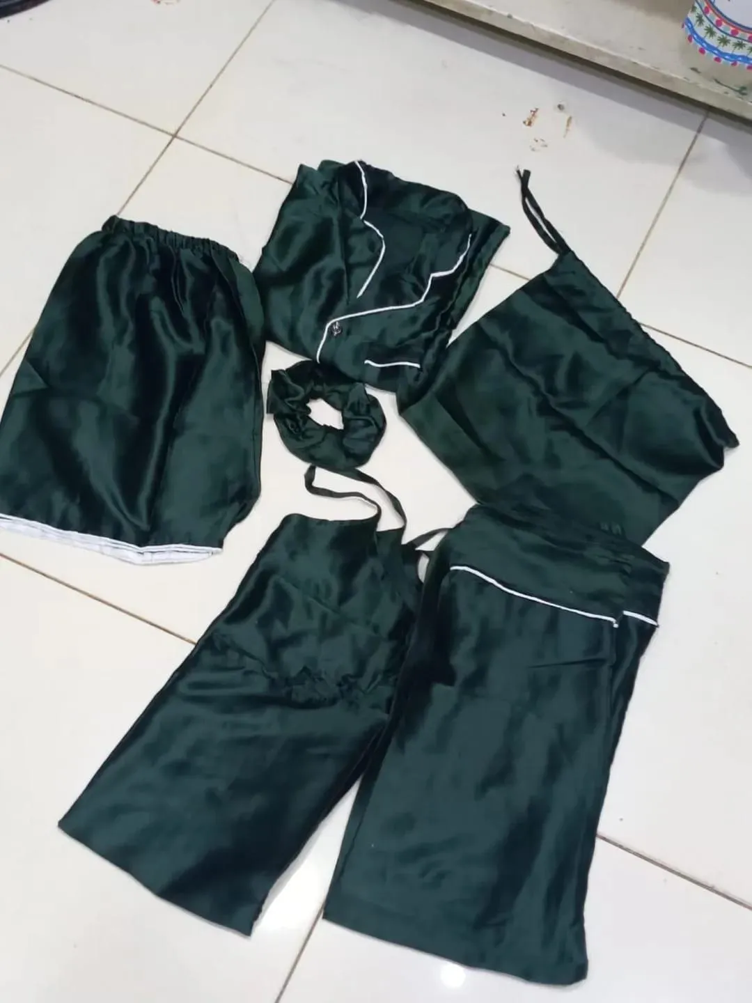 7 Pcs Women's StitchedNight suits Piping WorkOn Shirt Trouser ShortWith Seven Pieces NightwearSet