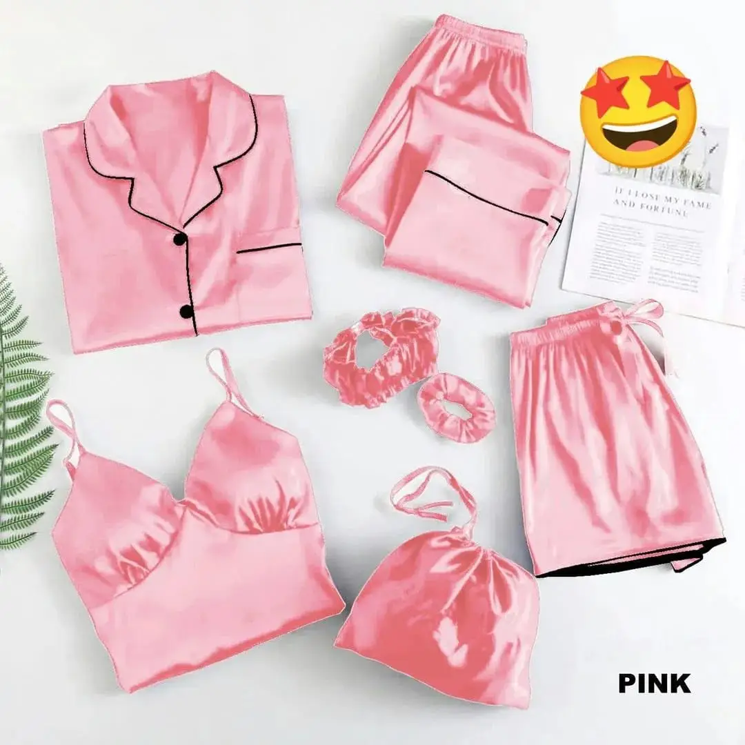 7 Pcs Women's Stitched Silk Piping Work On Shirt Trouser Short With Seven Pieces Nightwear Set