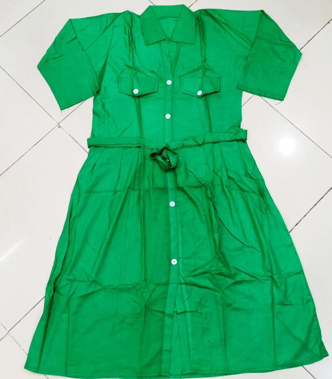 Green Button Belted Shirt Dress for Women 42" Linen