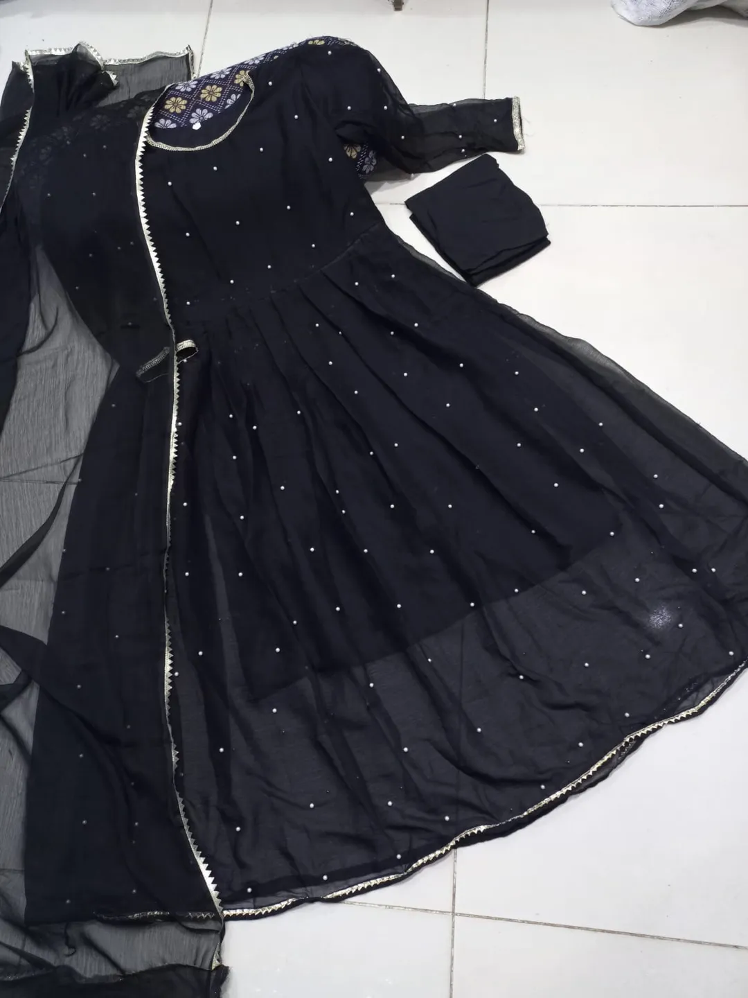 Black Chiffon Pearls Maxi Suit 3PCs with Lace Dupatta