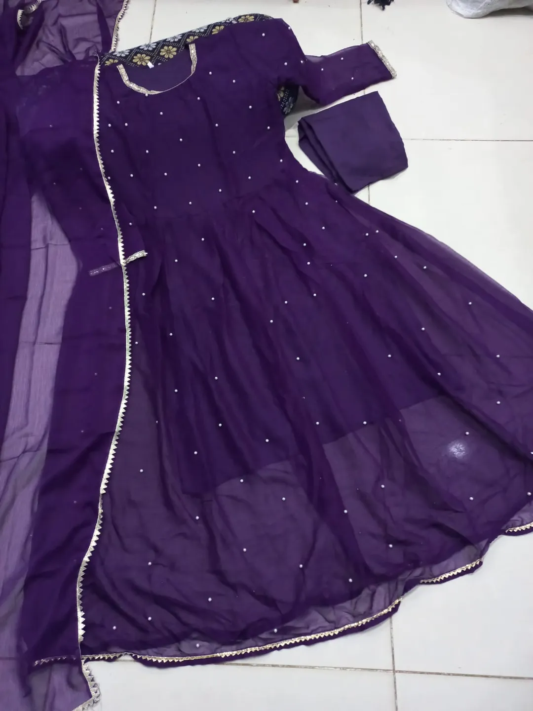 Purple Chiffon Pearls Maxi Suit 3PCs with Lace Dupatta