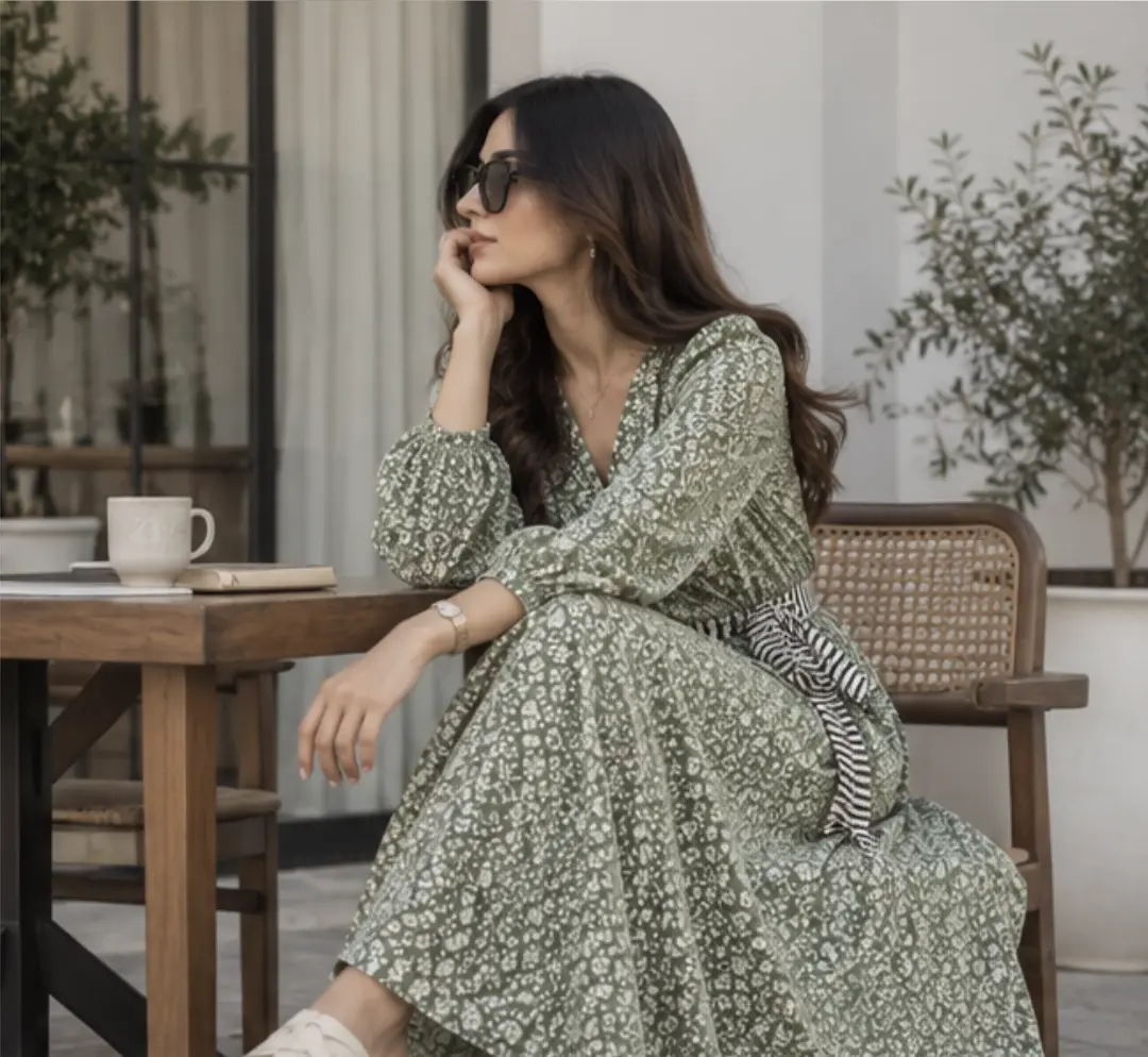Green Floral Linen Maxi Dress Winter Wear