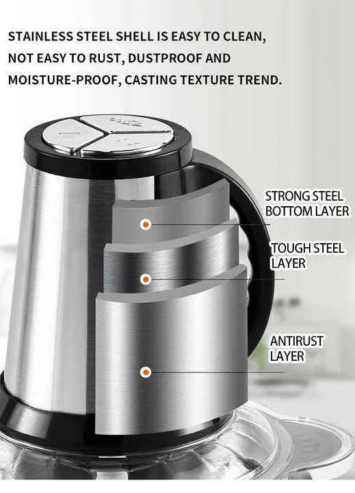 Portable Electric Meat Chopper 3L Stainless Steel