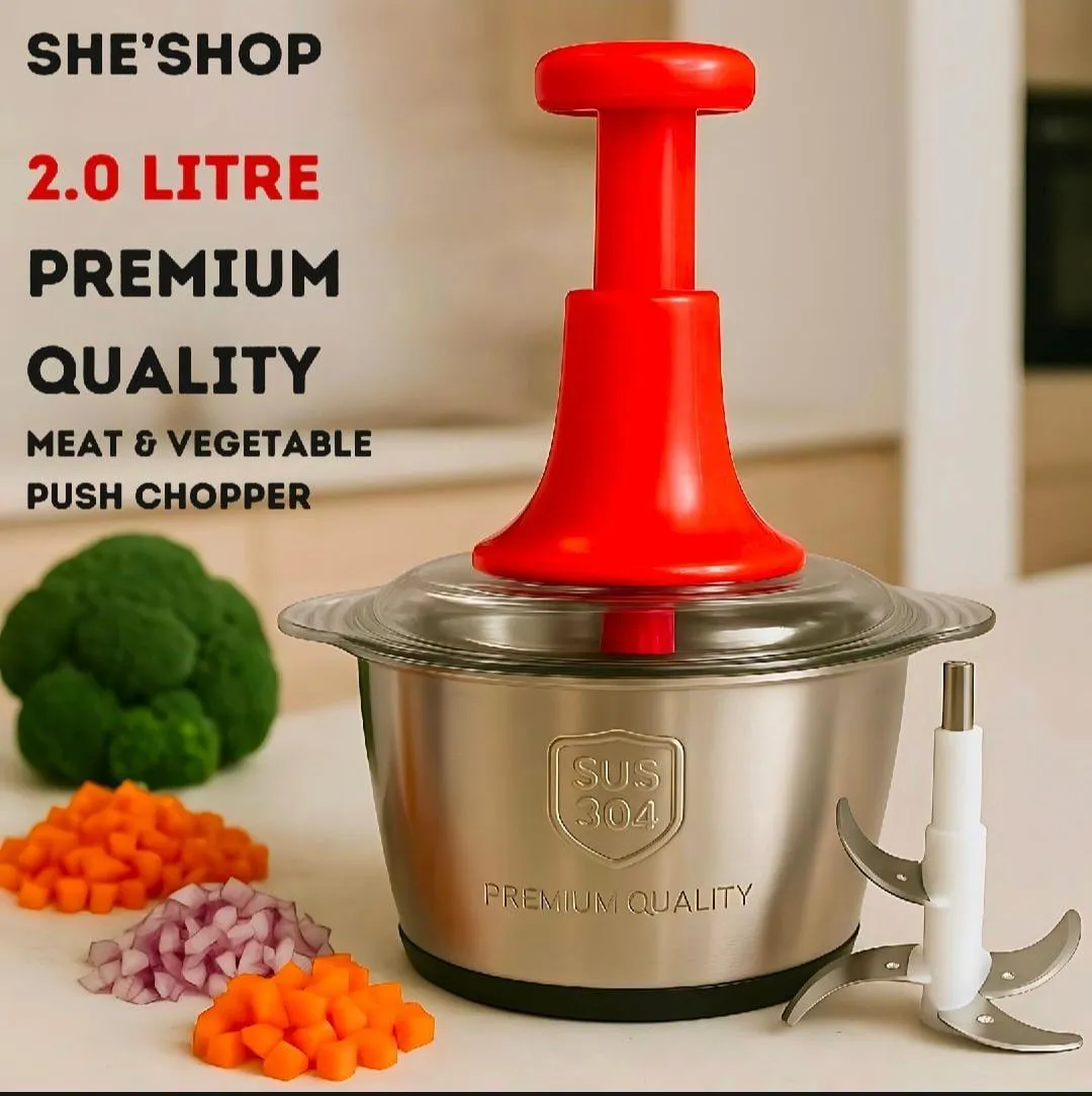 2.0 Litre Manual Meat & Veg Push Chopper with Stainless Steel Bowl