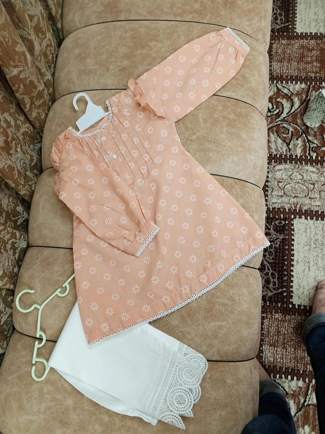 Peach Printed Kurta Set for Girls Small Size 2 Pcs Cotton Eid Wear