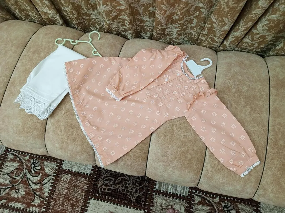 Peach Printed Kurta Set for Girls Small Size 2 Pcs Cotton Eid Wear