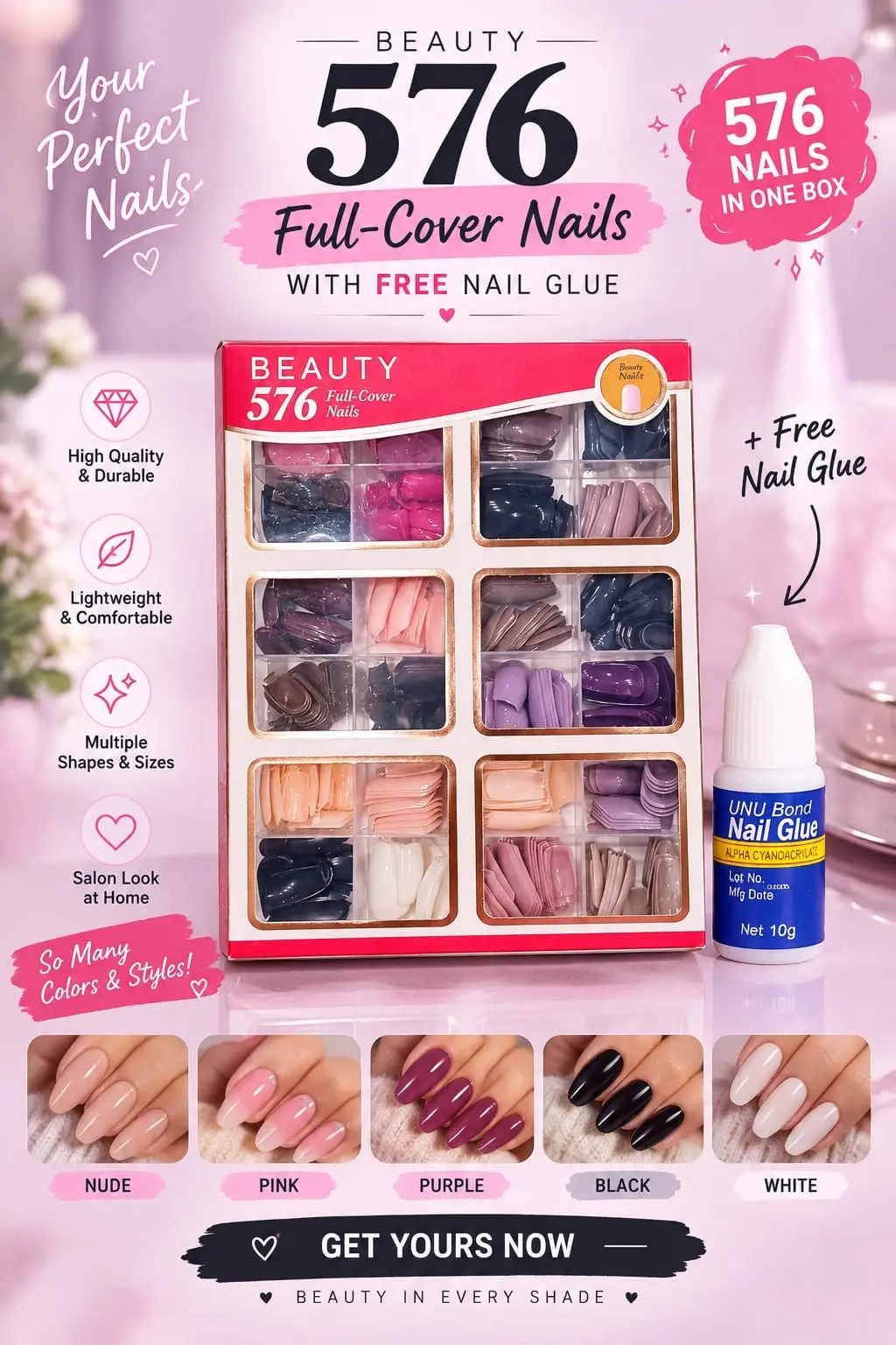 Box of High Quality 576 Fake Nails - Free Nail glue