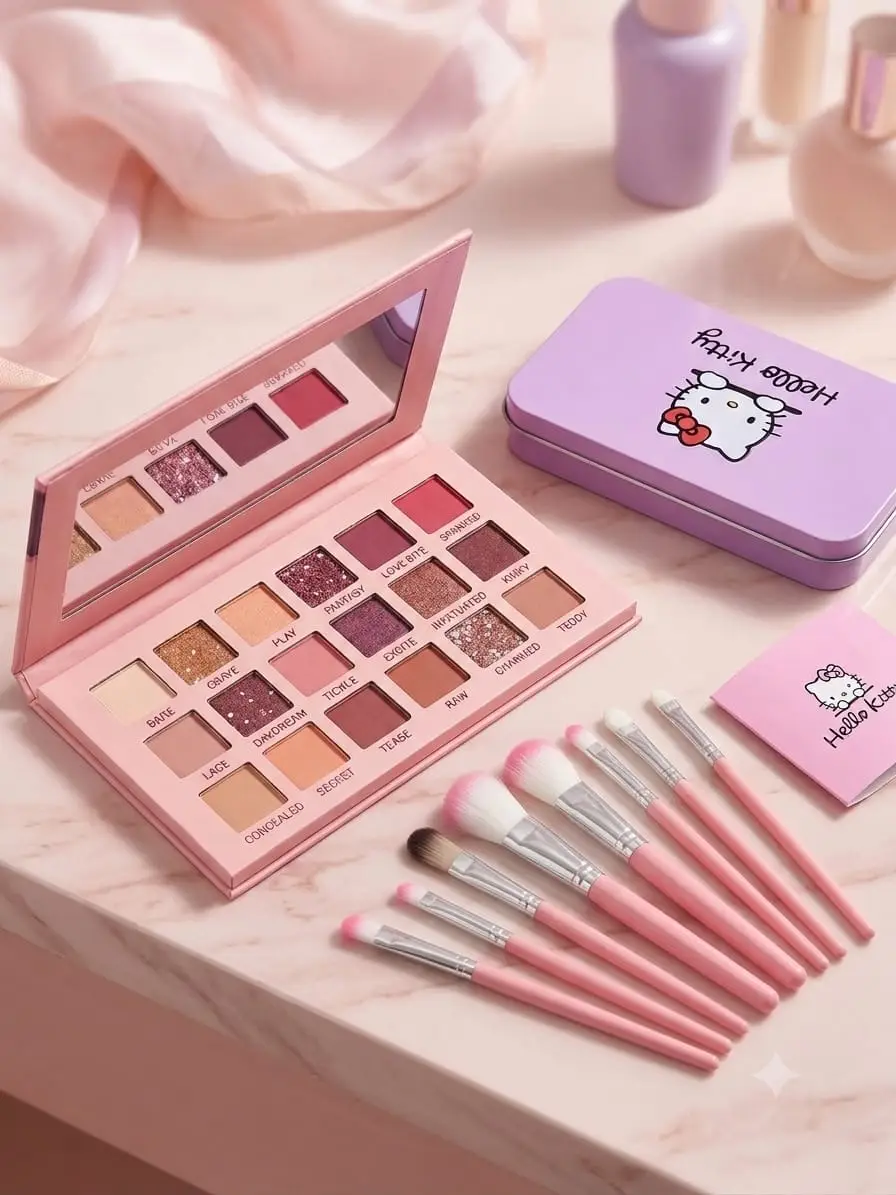 2 in 1 Makeup Deal - Hello kitty Makeup Brushes and Eyeshadow Kit