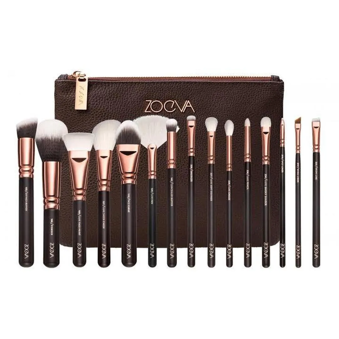 Makeup Brush Set 15 Pcs Travel Clutch Brown Rose Gold