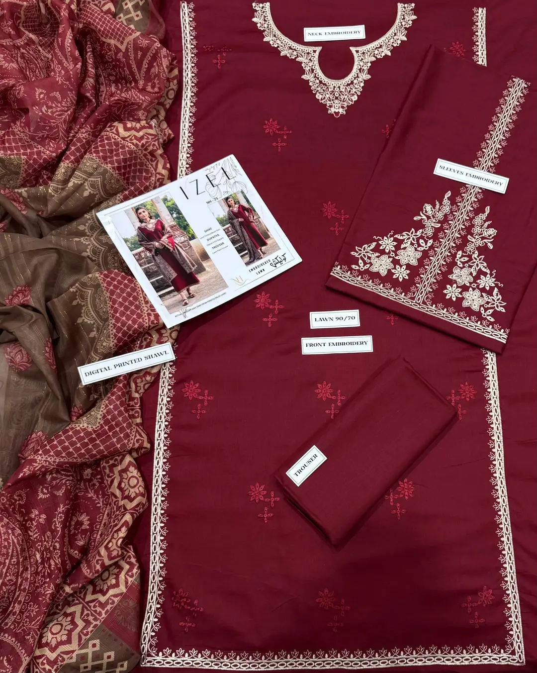 3 Pcs Women's Unstitched Embroidered Suit