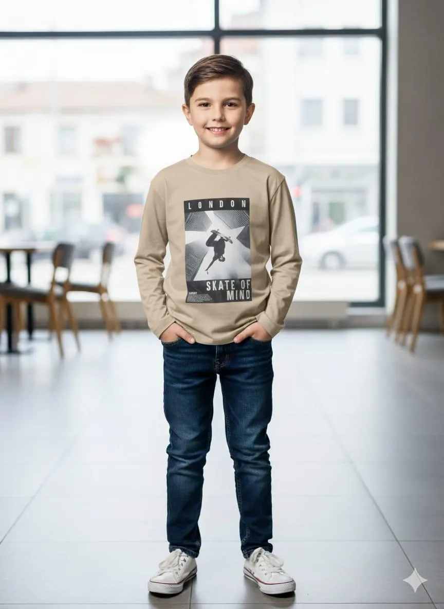 Boy's Beige Printed Sweatshirt 7-14 Years