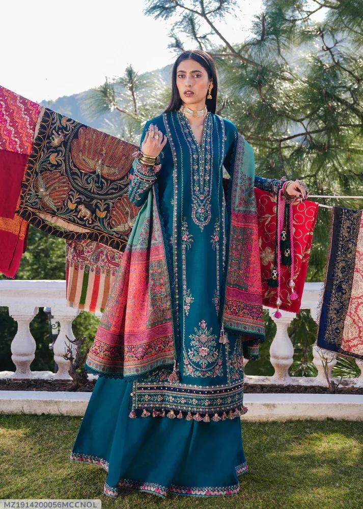 Winter Embroidered Shawl Suit 3 Pcs Blue Dhanak Pashmina