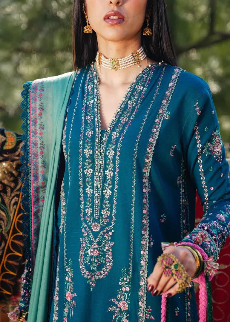 Winter Embroidered Shawl Suit 3 Pcs Blue Dhanak Pashmina
