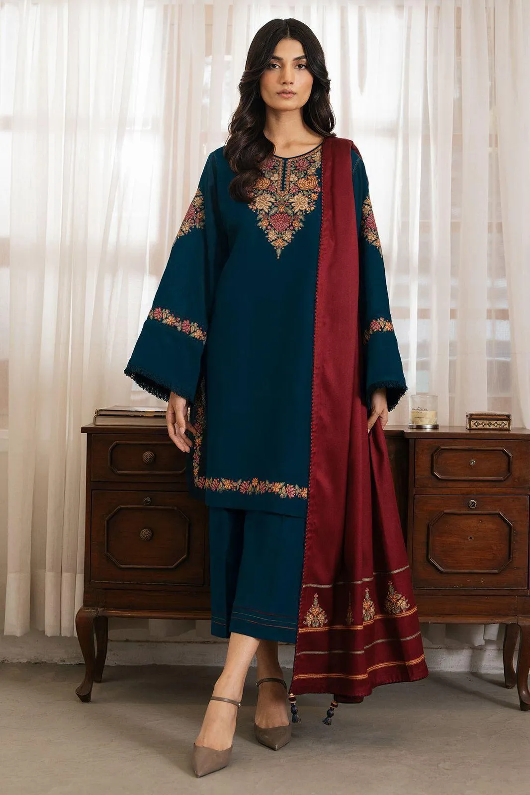 Blue Embroidered 3-Pc Dhanak Suit for Eid & Weddings