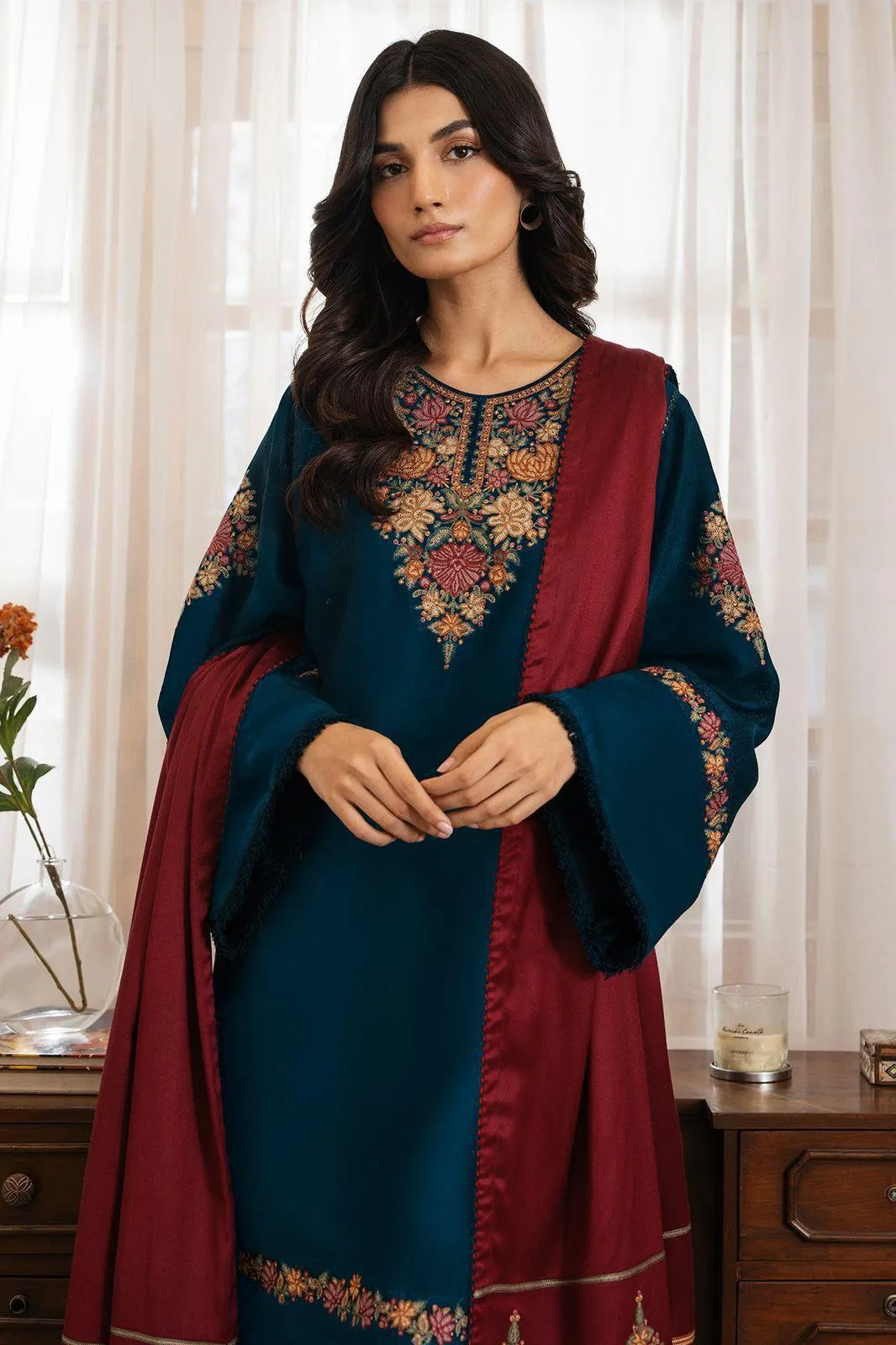 Blue Embroidered 3-Pc Dhanak Suit for Eid & Weddings