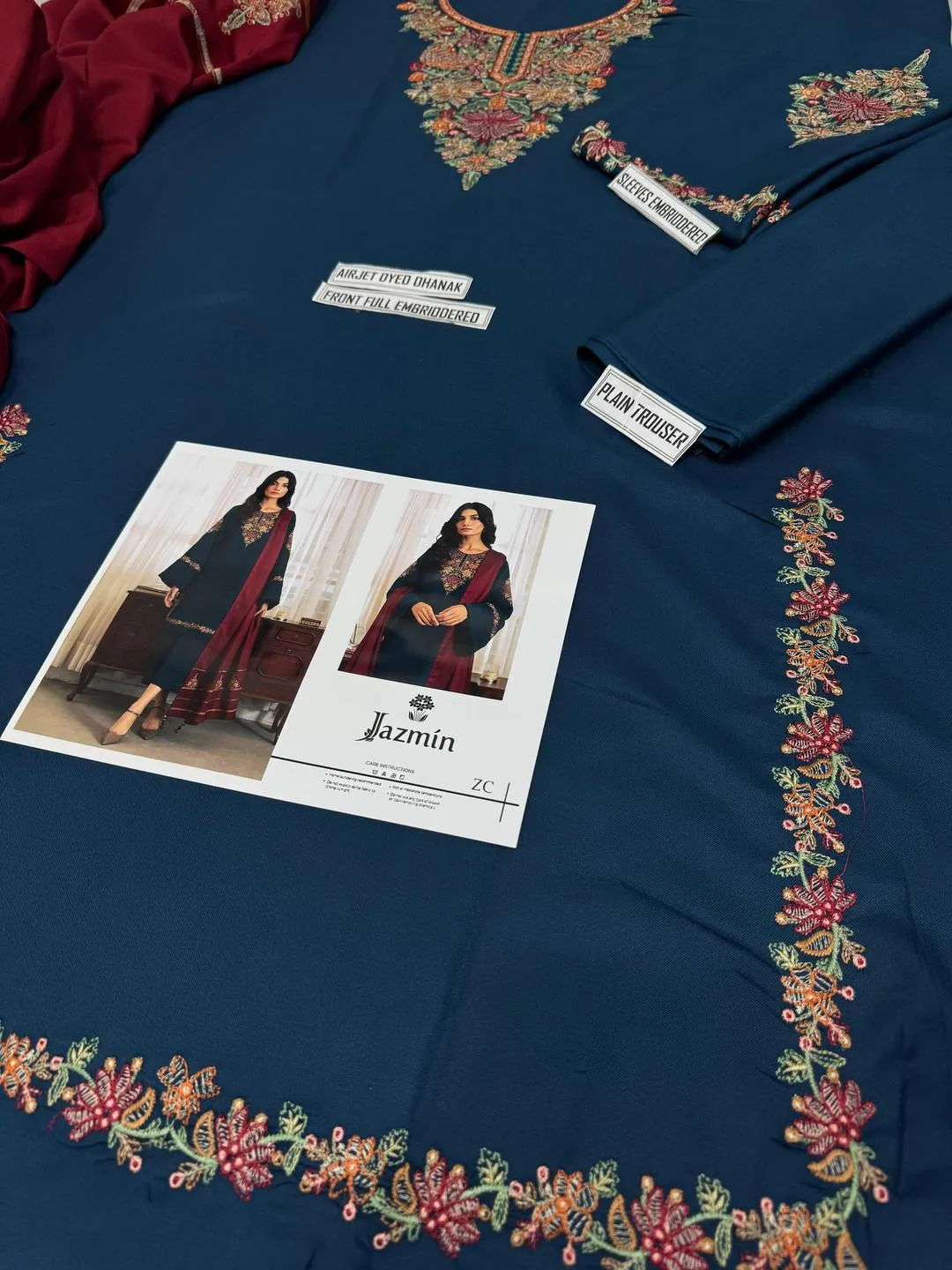Blue Embroidered 3-Pc Dhanak Suit for Eid & Weddings