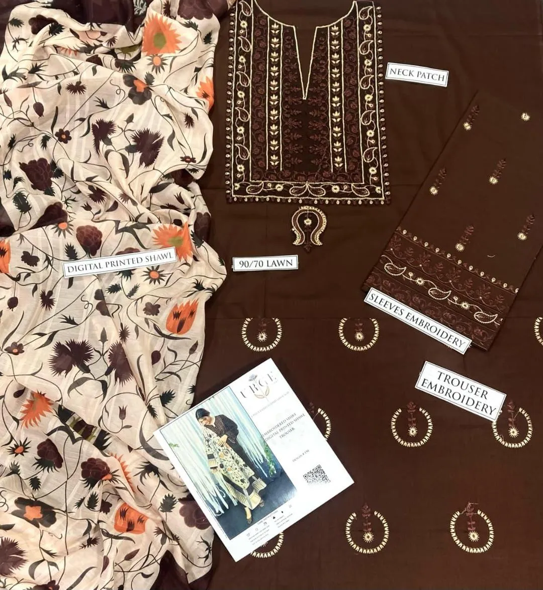 Brown Embroidered 3-Piece Lawn Suit for Women