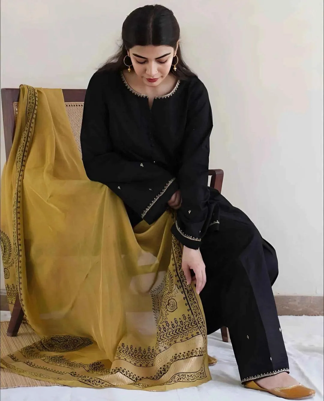 Black Embroidered Lawn Suit with Yellow Dupatta