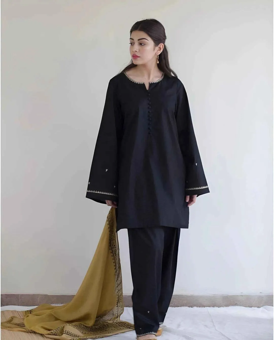 Black Embroidered Lawn Suit with Yellow Dupatta