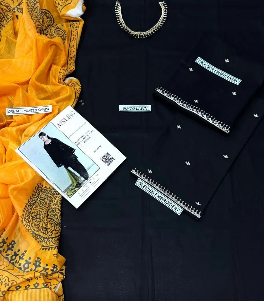 Black Embroidered Lawn Suit with Yellow Dupatta