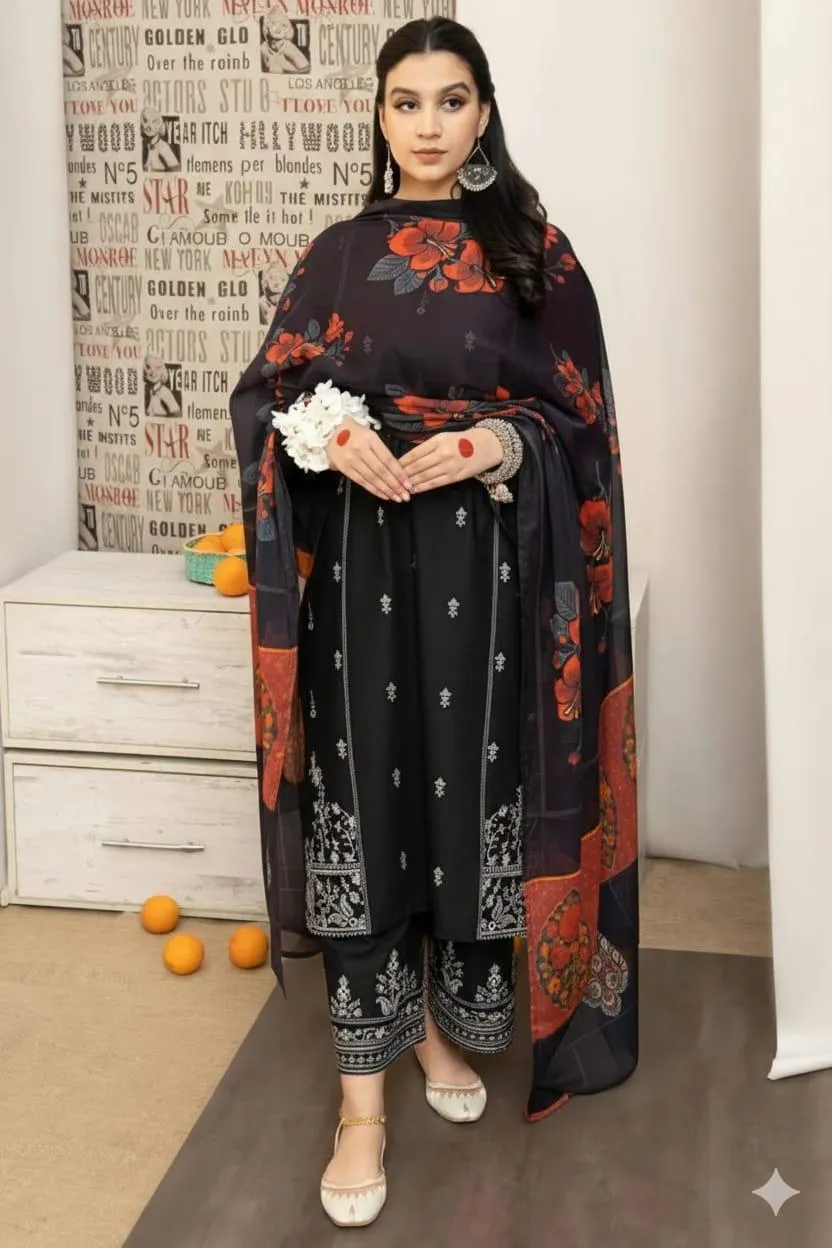 Black Embroidered Lawn 3Pcs Suit with Digital Print Dupatta