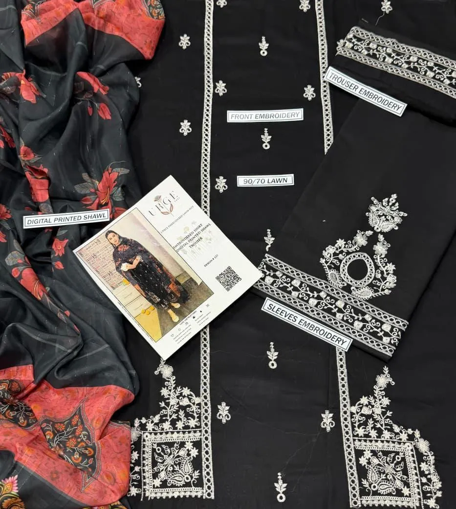 Black Embroidered Lawn 3Pcs Suit with Digital Print Dupatta