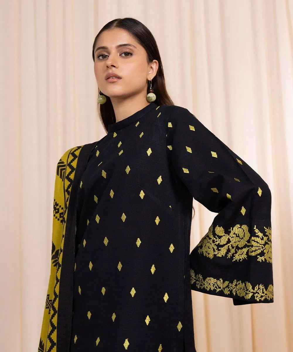 Black Embroidered Lawn Suit 3 Pcs with Yellow Dupatta