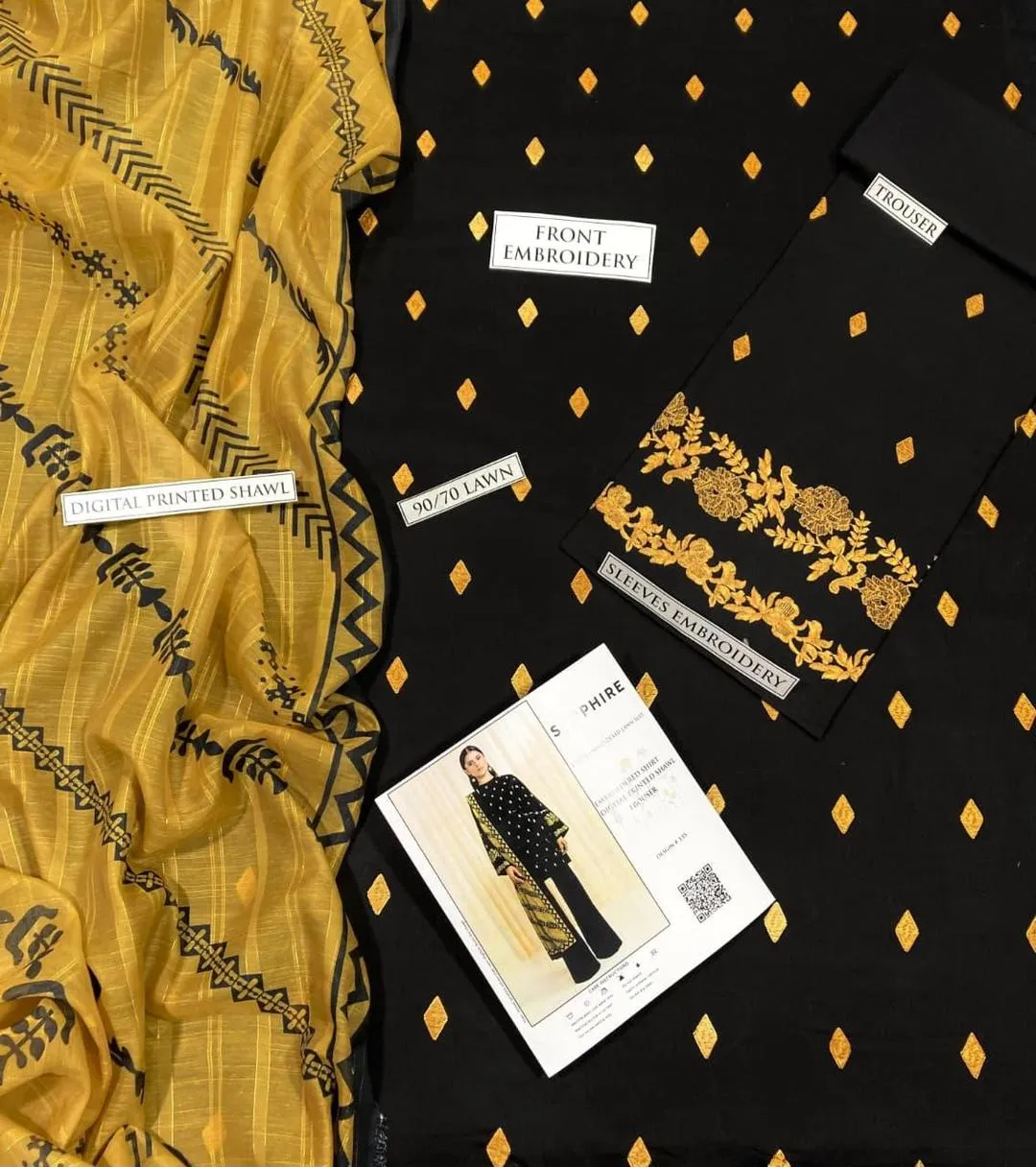 Black Embroidered Lawn Suit 3 Pcs with Yellow Dupatta