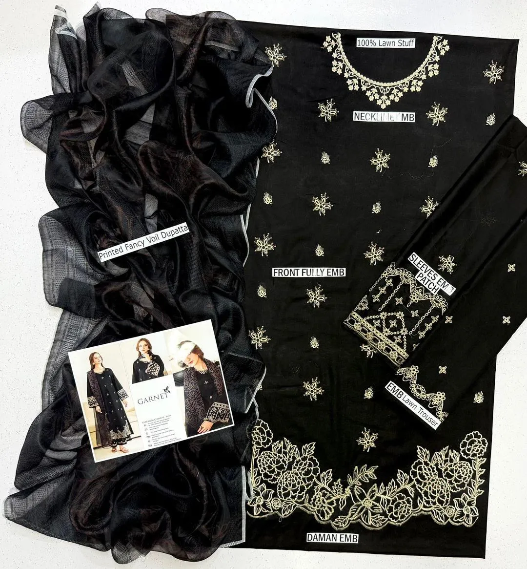 Black Embroidered Lawn 3Pcs Set for Women