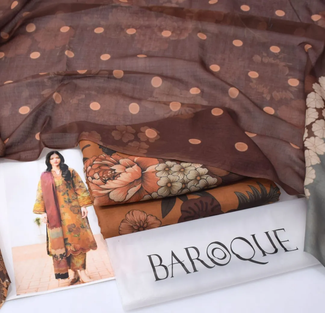 Brown Swiss Lawn 3Pcs Printed Suit for Women