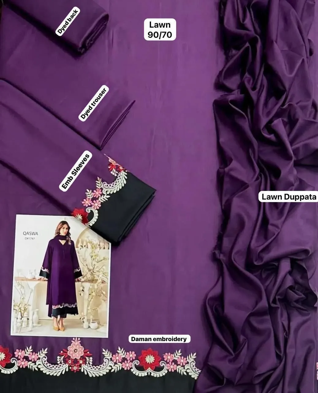 Purple Lawn 3Pcs Embroidered Suit for Women