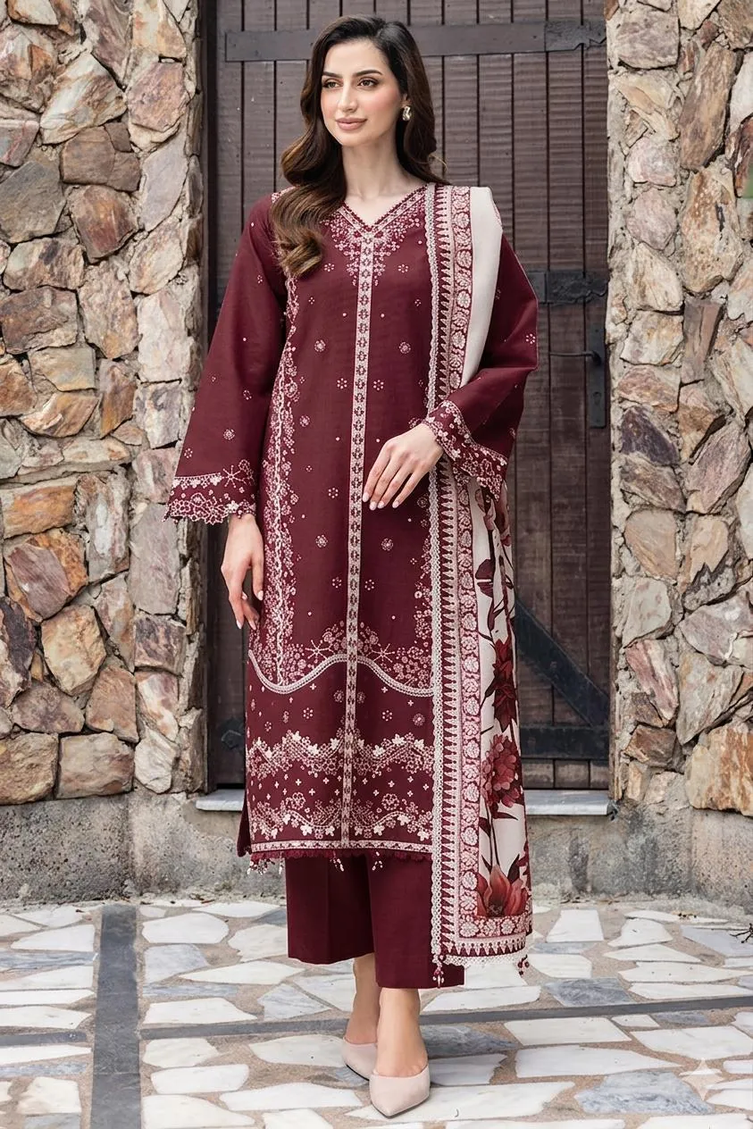 Maroon Embroidered Lawn 3Pcs Set for Women