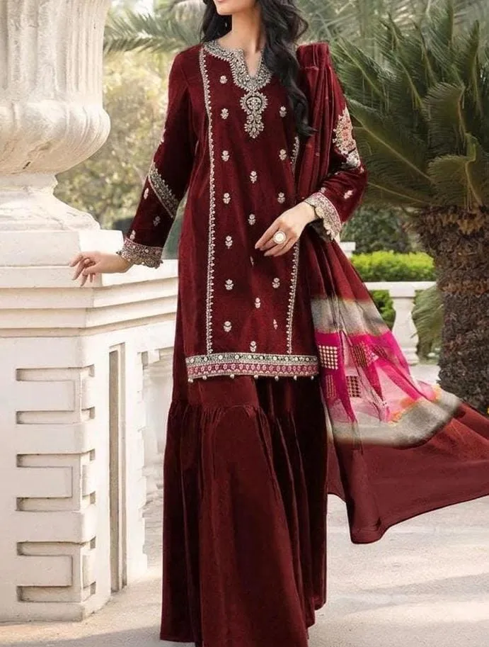 Maroon Embroidered Lawn 3Pcs Set for Women