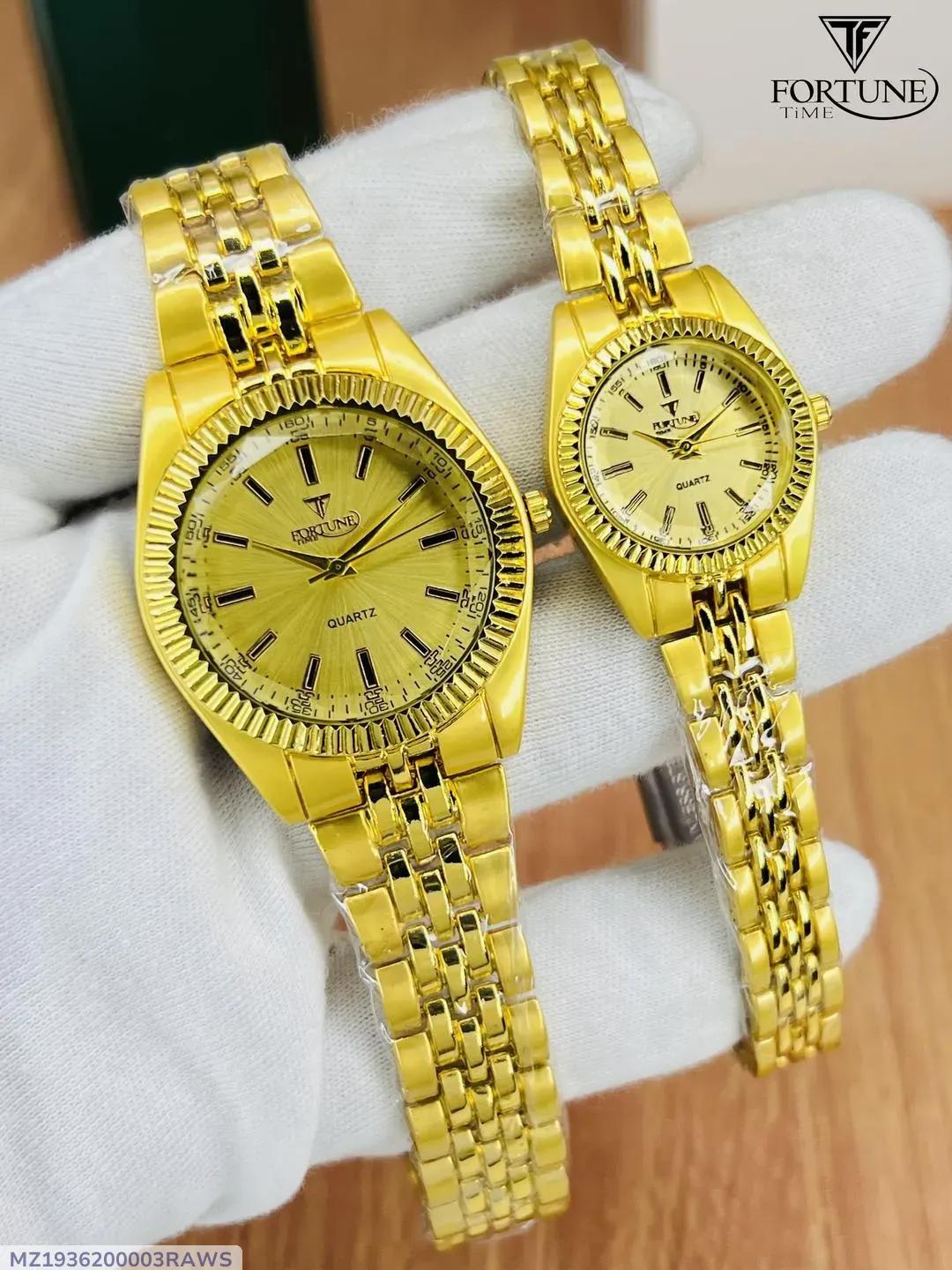 Unisex Gold Brass Couple Watch Set with Chain Strap