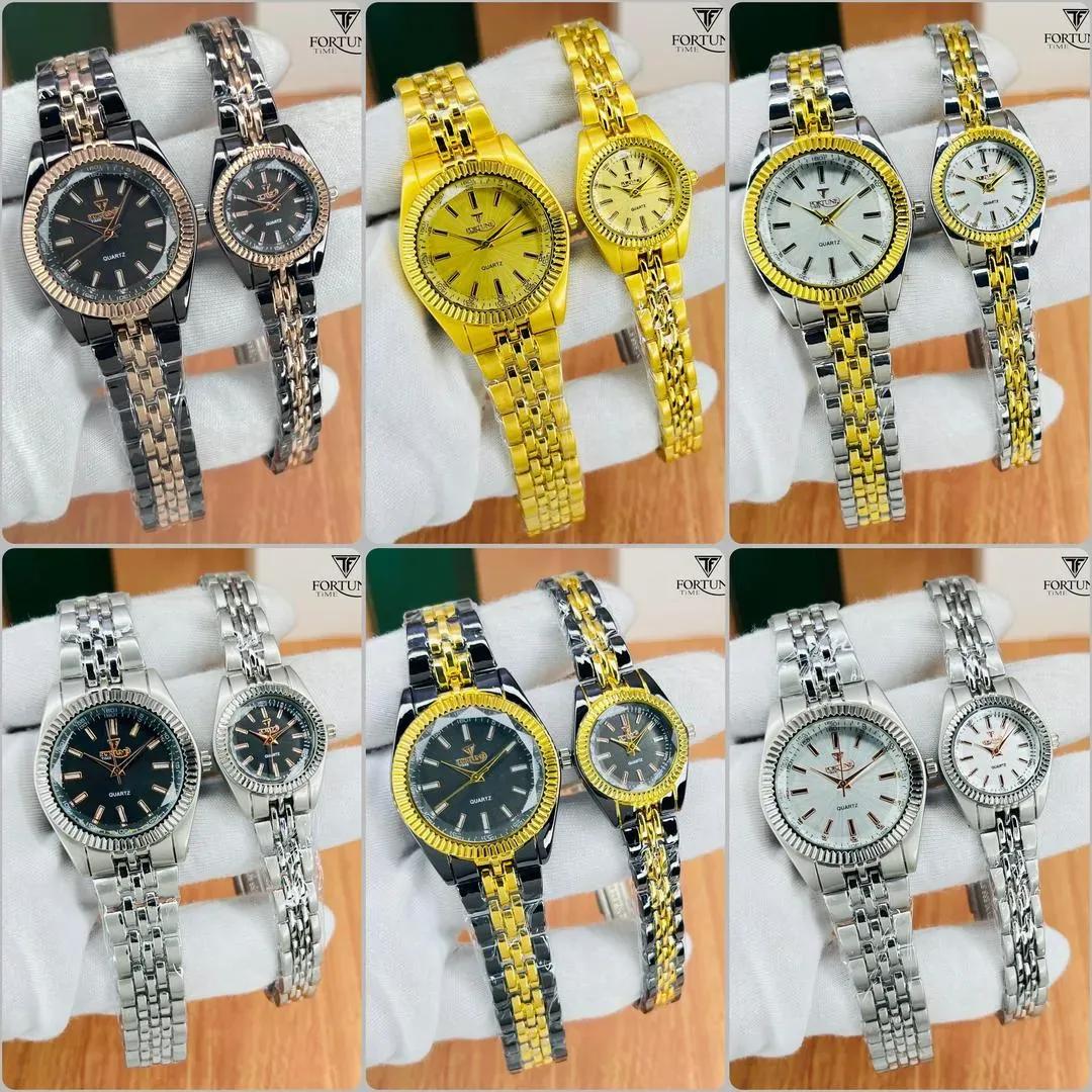 Unisex Gold Brass Couple Watch Set with Chain Strap