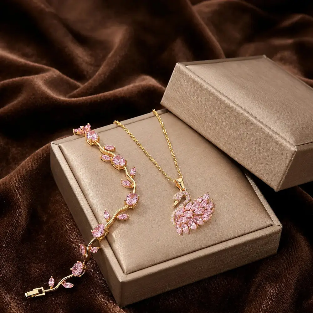 Golden Base Swan  Necklace And Tulip Bracelet Set