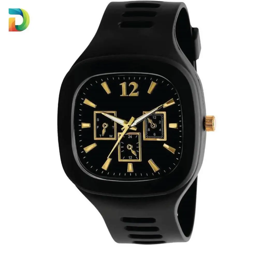 Men Black Silicone Analogue Watch With Gold Accents