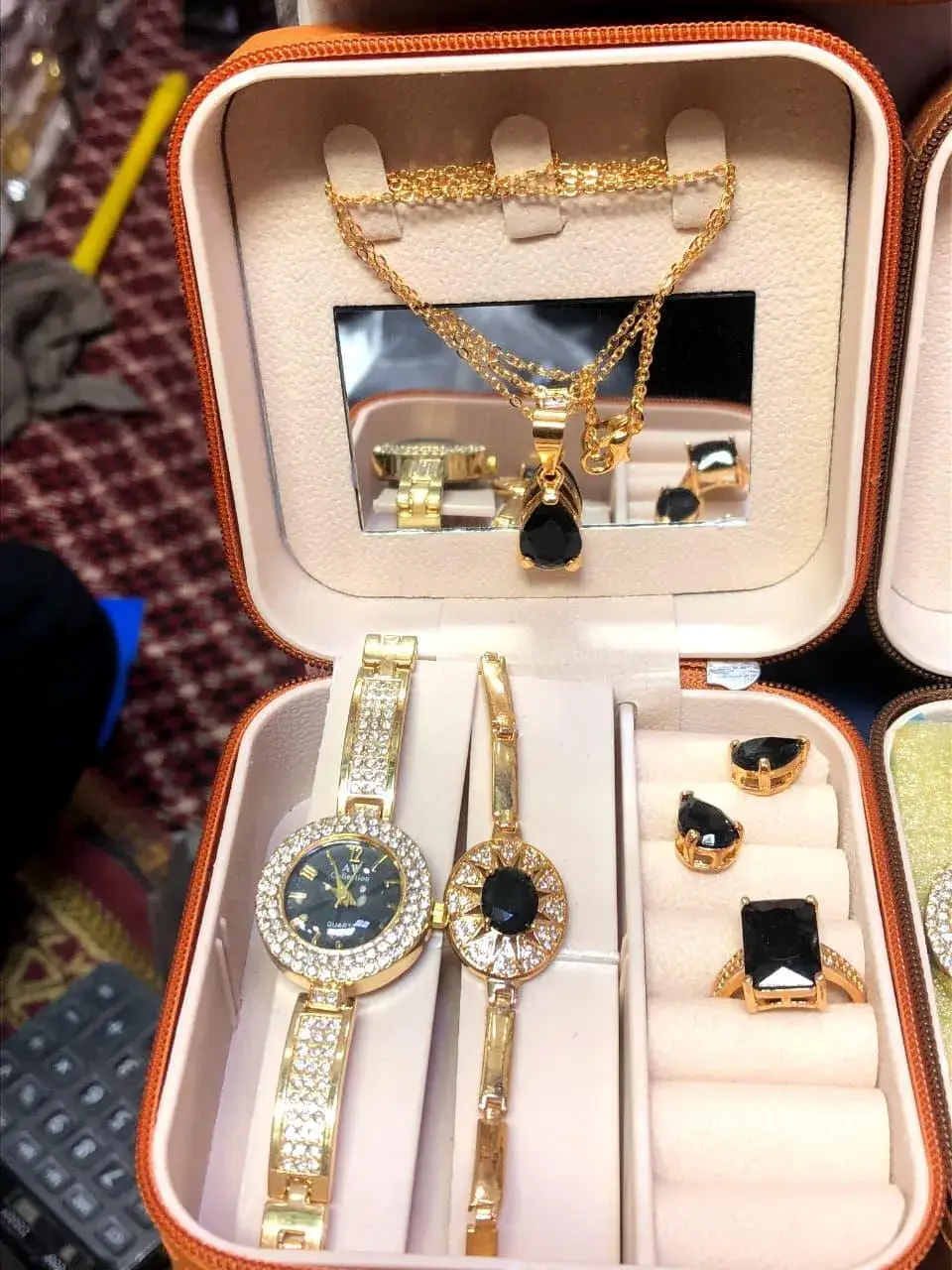 Women's Luxury Gold Plated Jewellery Watch Set with Black Stones – Mixed Designs & Colors