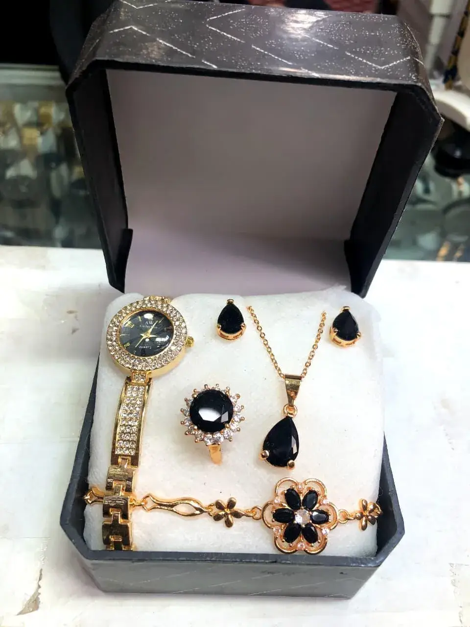 Women's Luxury Gold Plated Jewellery Watch Set with Black Stones – Mixed Designs & Colors