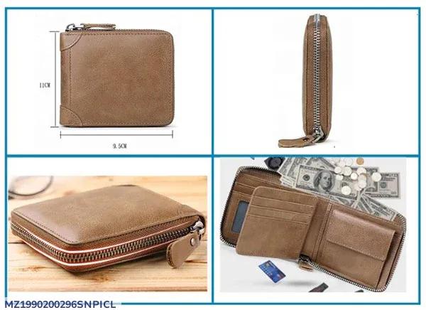 Brown Leather Slim Wallet for Men with Zipper Closure