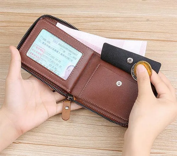 Brown Leather Slim Wallet for Men with Zipper Closure