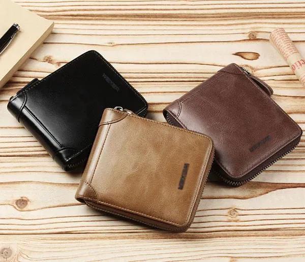 Brown Leather Slim Wallet for Men with Zipper Closure